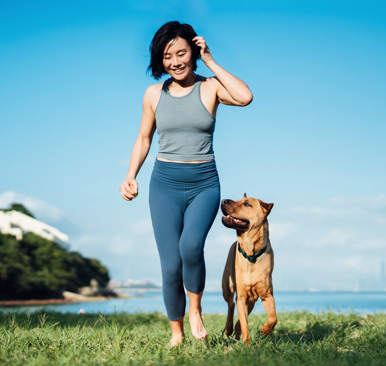 Happy young Asian woman and her pet dog running by the beach against clear blue sky, playing and enjoying time together in the nature outdoors. Living with a dog. Love and bonding with pet